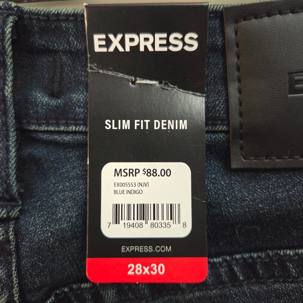 Express Slim Fit Denim Jeans Blue Indigo Dark Wash 28x30 NWT EX005553